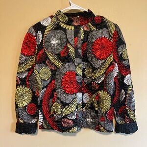 Ruby Rd Art to Wear 90s floral embroidered silky quilted zip up jacket size M